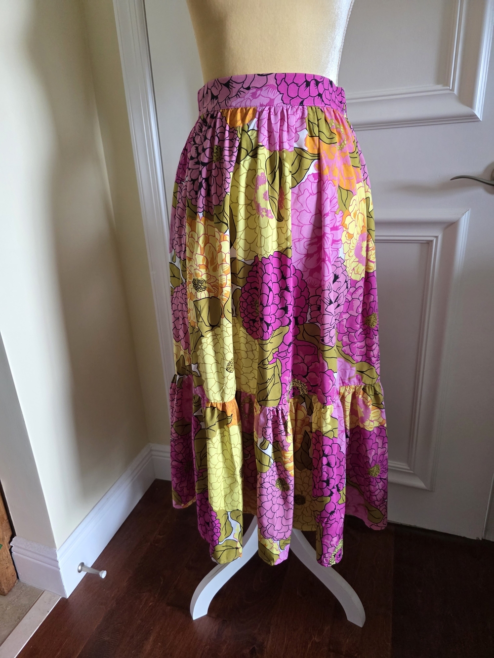 Unique Vintage Floral Tiered Midi Skirt - Pink & Yellow